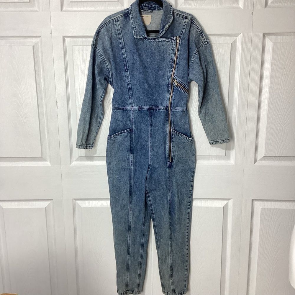 ASOS Denim Coverall Jumpsuit Size 8 Acid Wash Blue Asymmetrical Cross Front